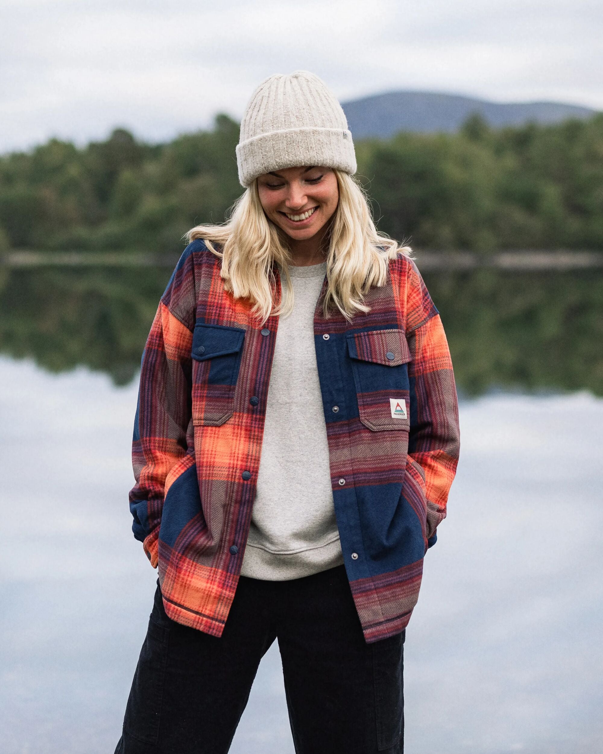 East Recycled Polar Fleece Shirt - Rich Navy/ Red Ochre Check - Lifestyle