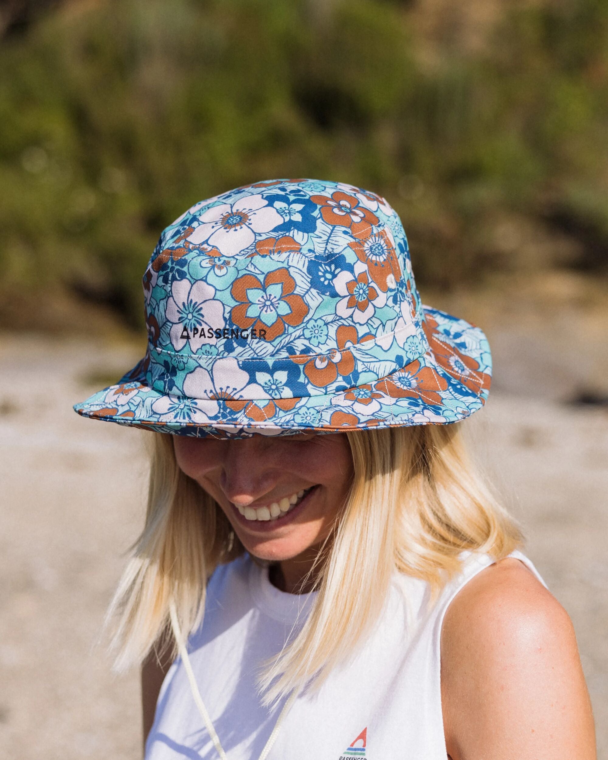 Shaded Organic Bucket Hat - Vintage Floral Aqua - Lifestyle - Female