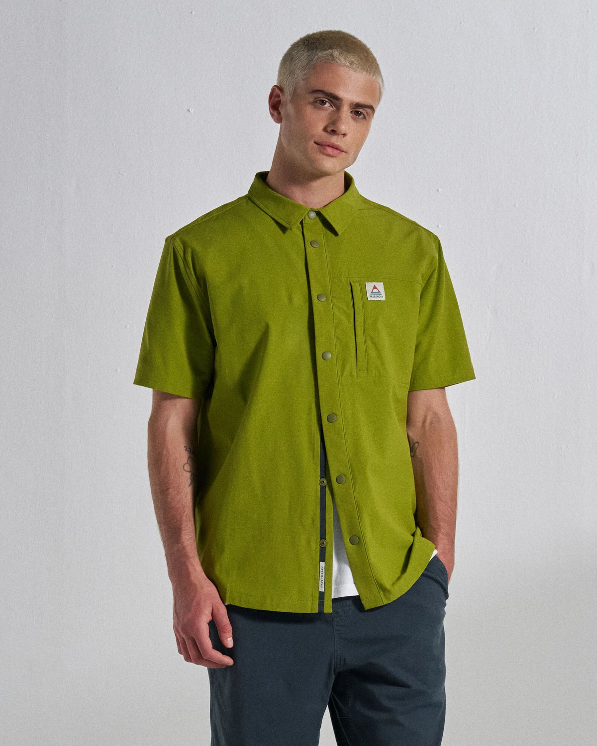 Traveller Short Sleeve Stretch Shirt - Tea Green - Studio Model