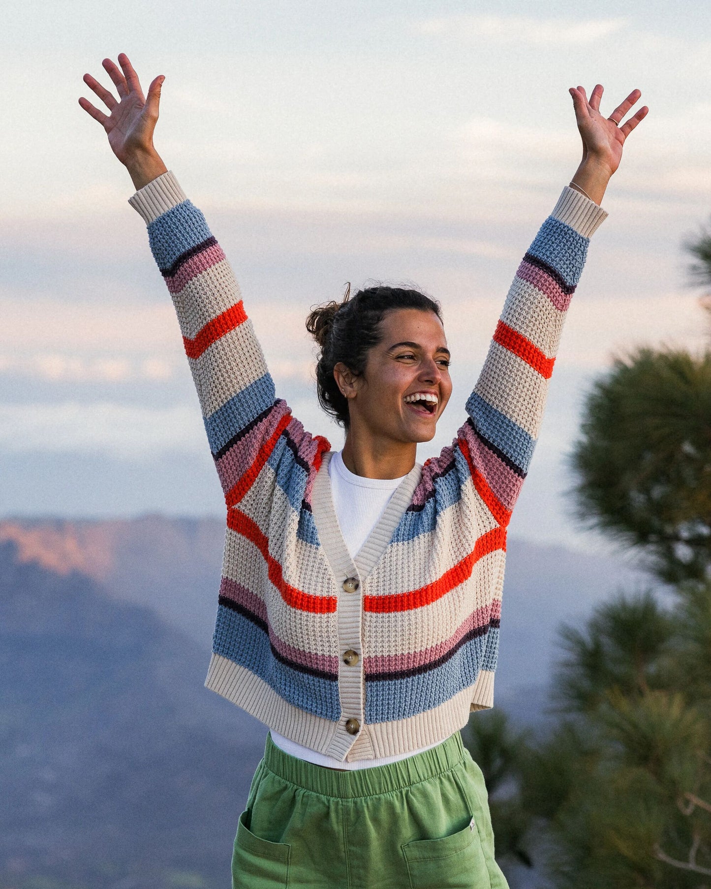 Reflection Open Knit Stripey Cardigan - Multi Vintage White Stripe - Lifestyle