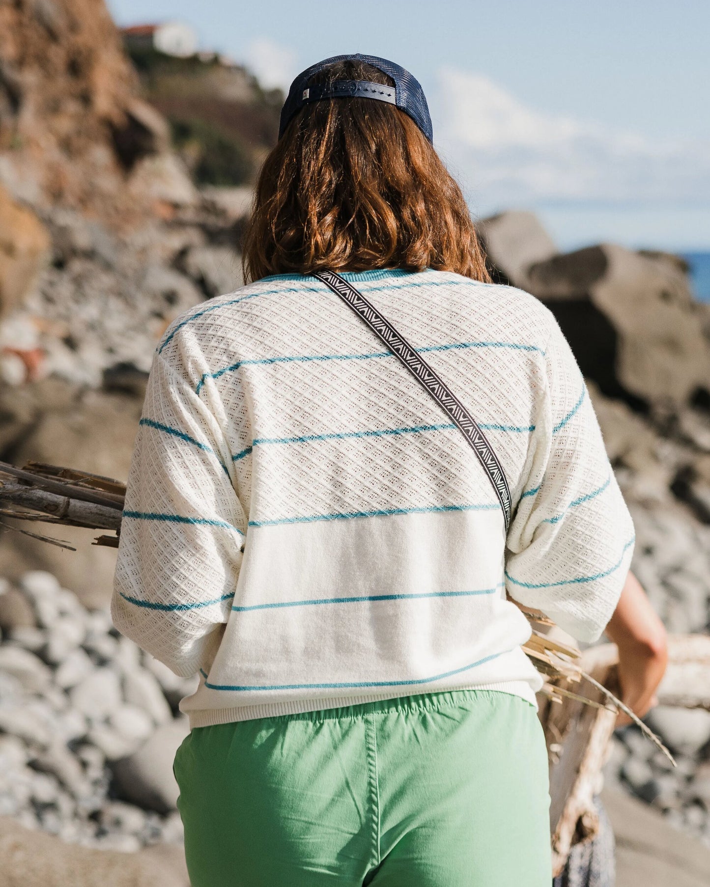Migrate Organic Knitted Jumper - Blue Pool Stripe - Lifestyle