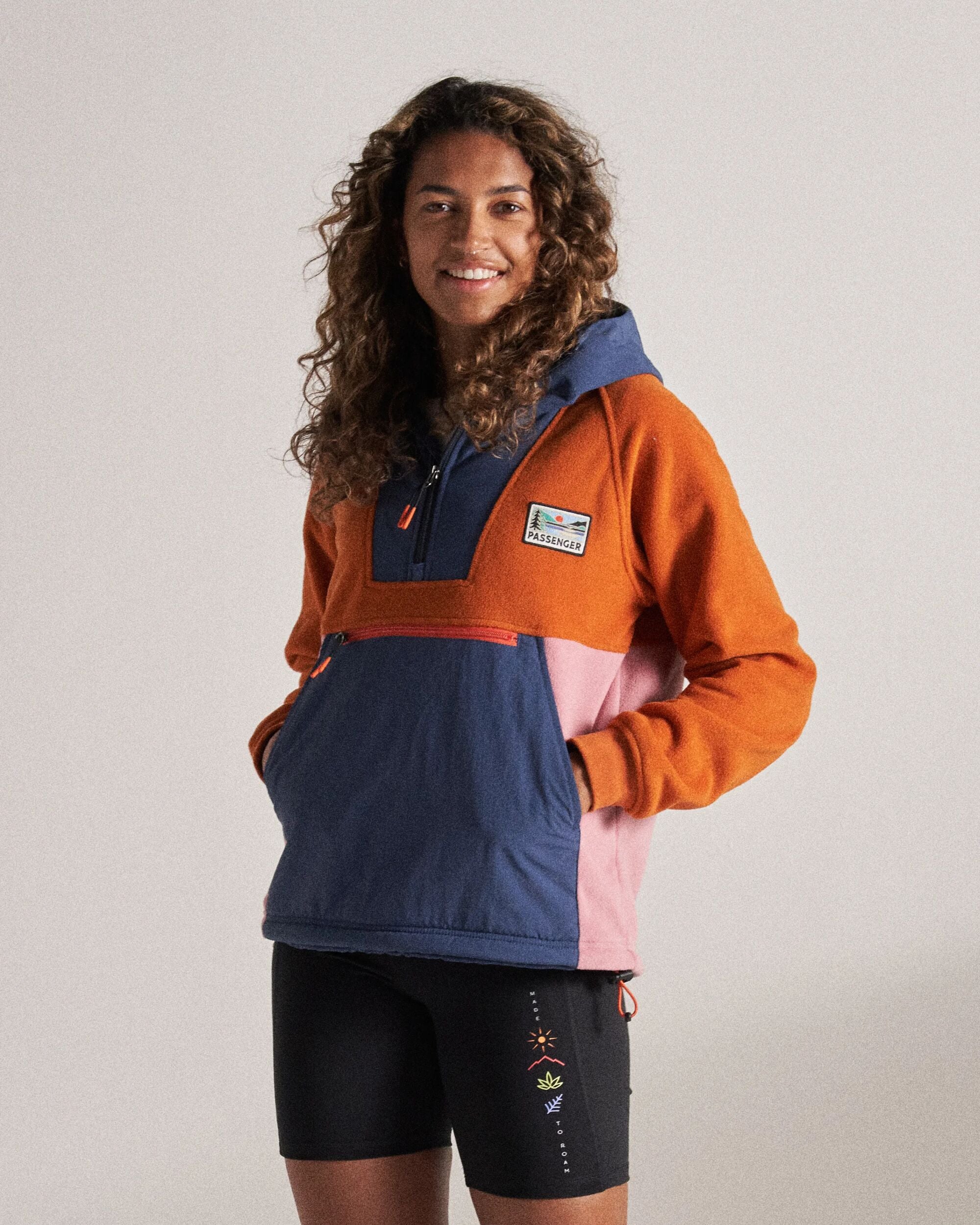 Alexander Hooded Polar Fleece - Dark Denim/Sunset Orange - Studio Model