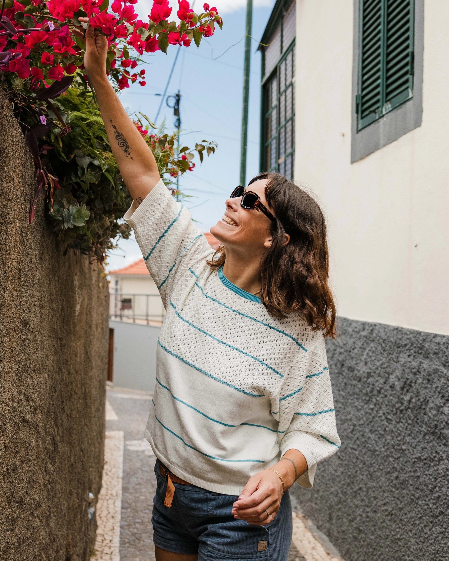 Migrate Organic Knitted Jumper - Blue Pool Stripe - Lifestyle