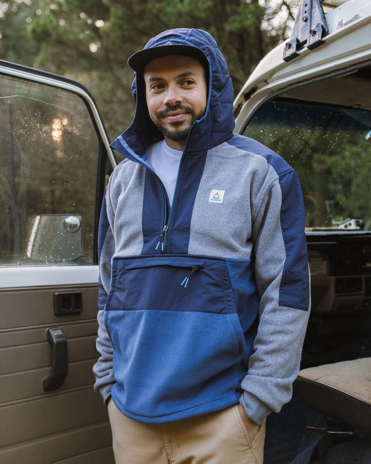Woodland Hooded Polartec® Fleece - Grey Marl/Dark Denim - Lifestyle