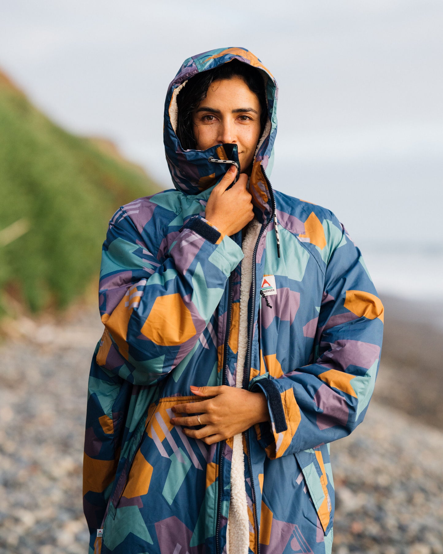 Womens_Waves Recycled Sherpa Lined Changing Robe - Deep Blue Camo Pattern - Lifestyle