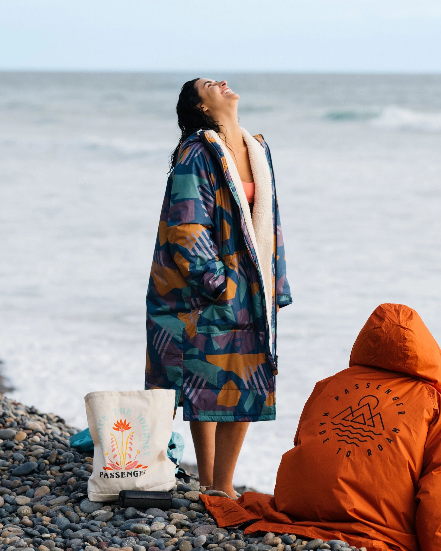 Womens_Waves Recycled Sherpa Lined Changing Robe - Deep Blue Camo Pattern - Lifestyle