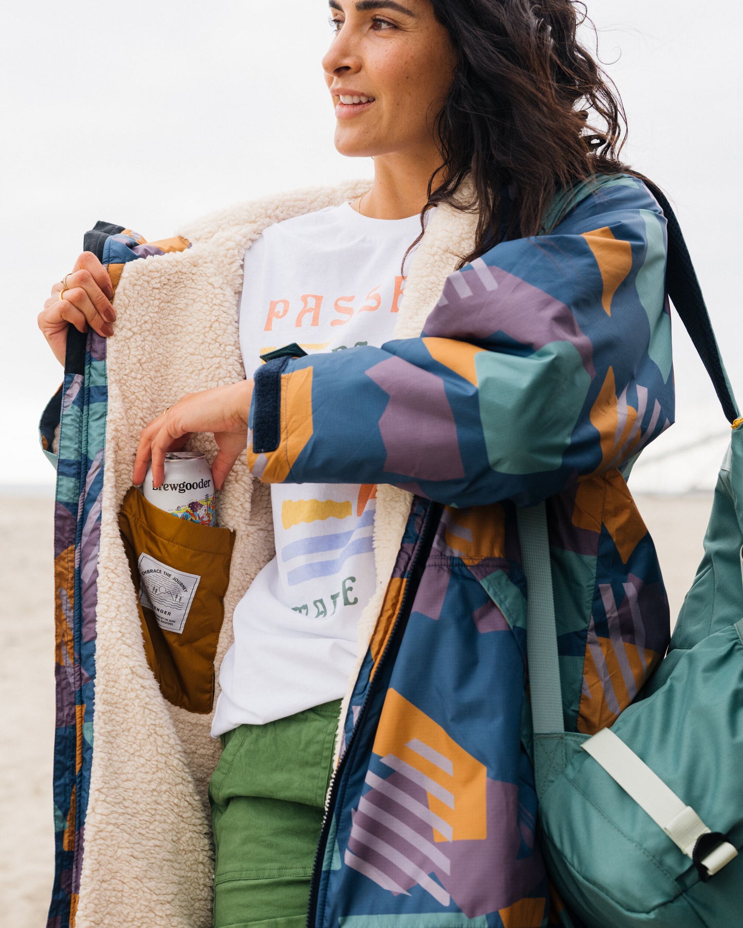 Womens_Waves Recycled Sherpa Lined Changing Robe - Deep Blue Camo Pattern - Lifestyle