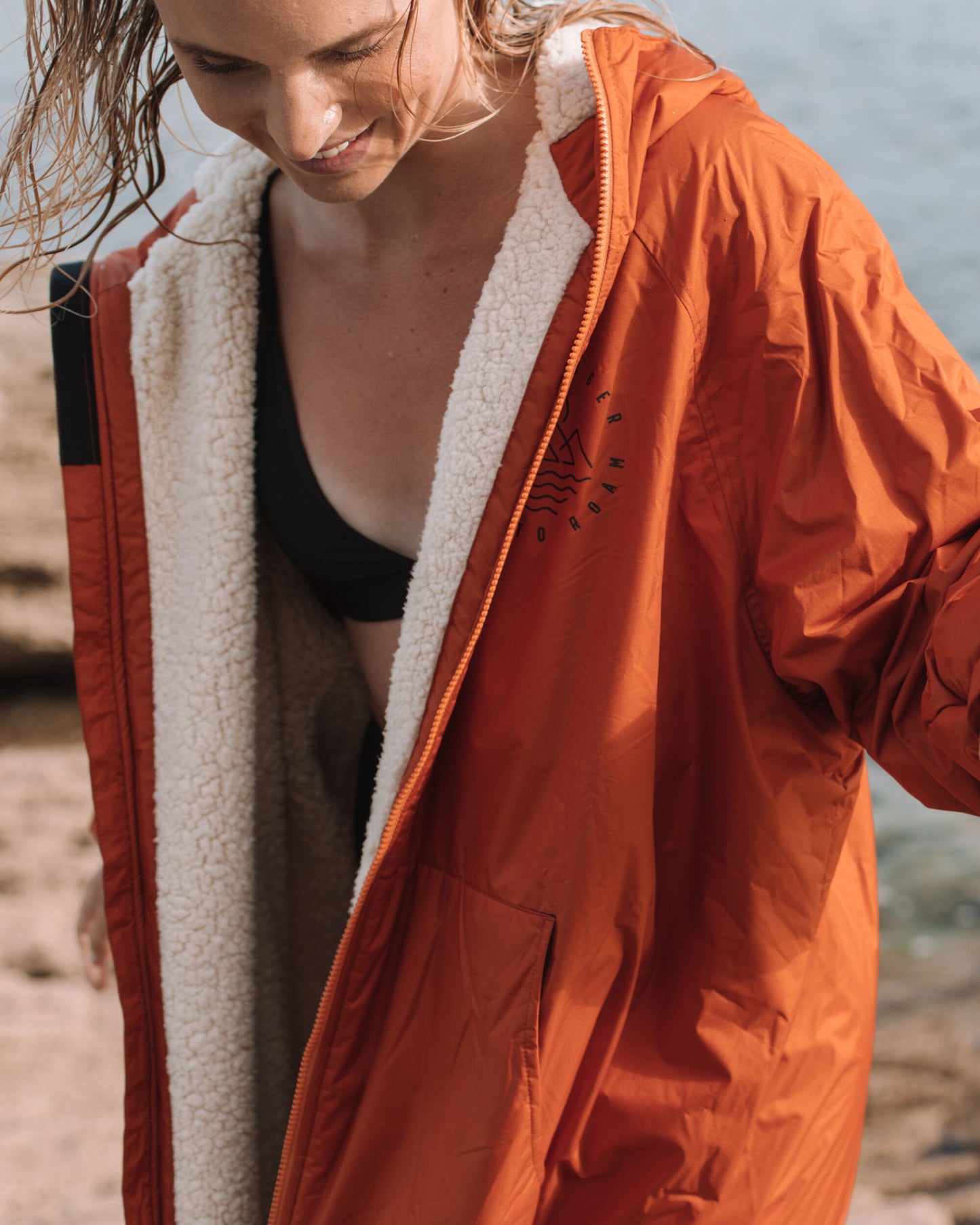 Womens_Escapism Recycled Sherpa Lined Changing Robe - Rust - Lifestyle