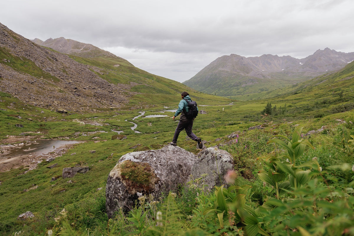 A man hopping over rocks in a green valley