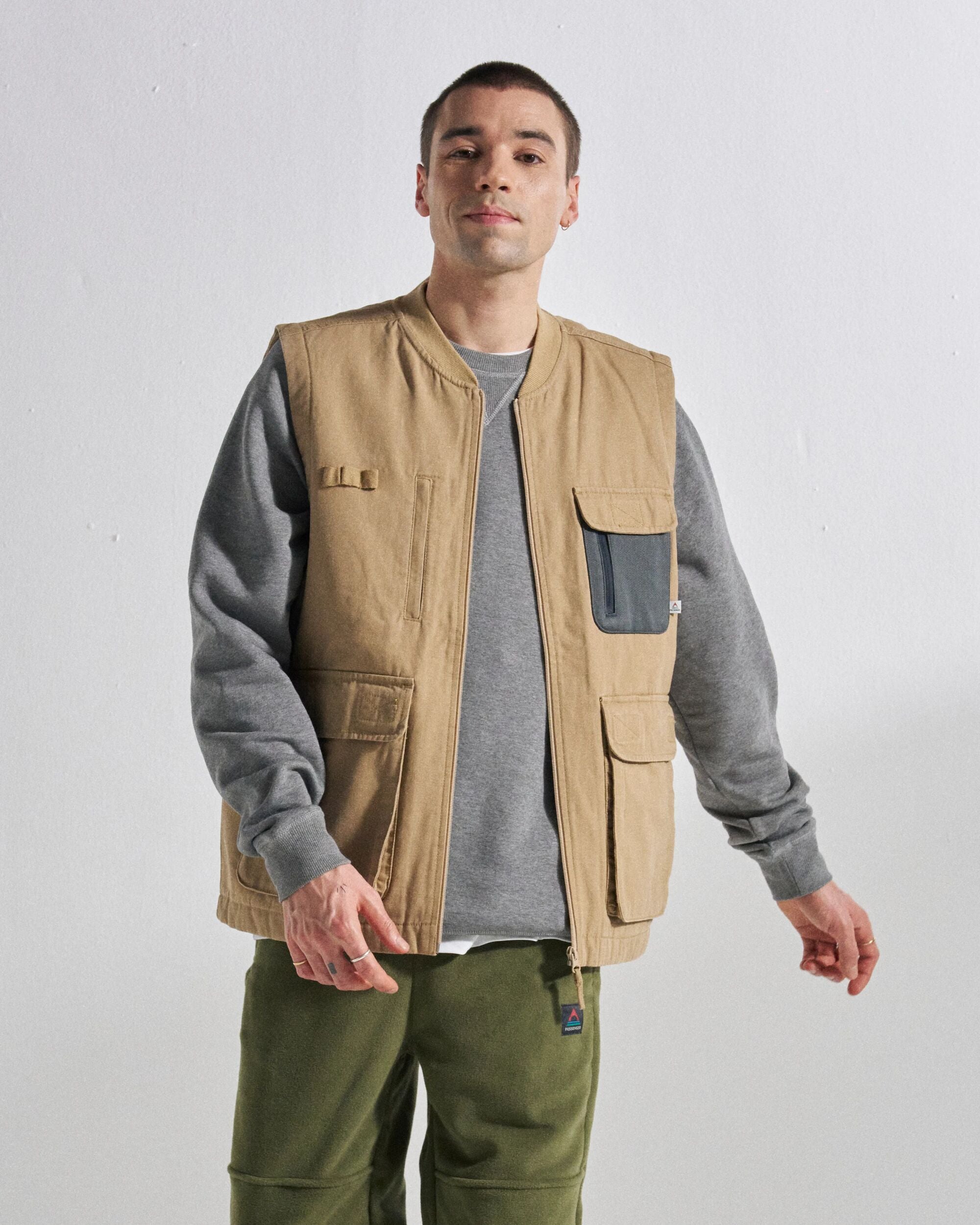 Explorers Organic Cotton Canvas Gilet - Stone - Studio Model