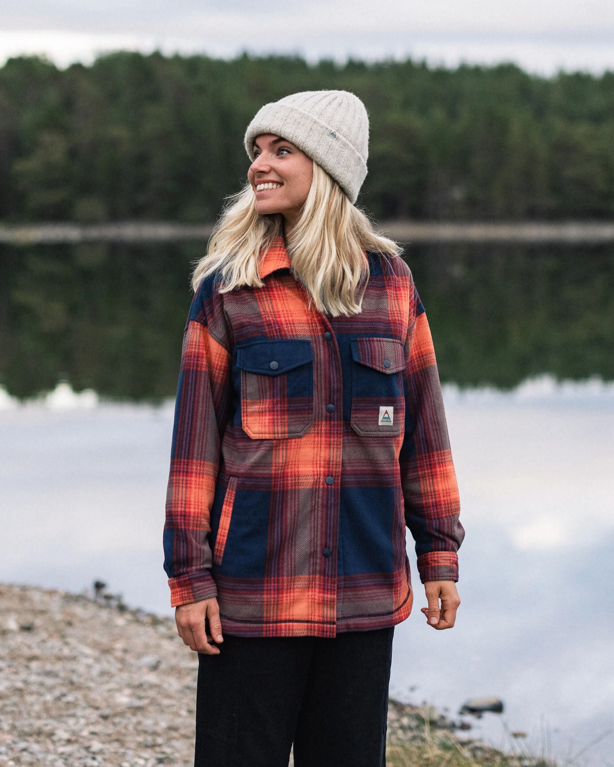 East Recycled Polar Fleece Shirt - Rich Navy/ Red Ochre Check - Lifestyle