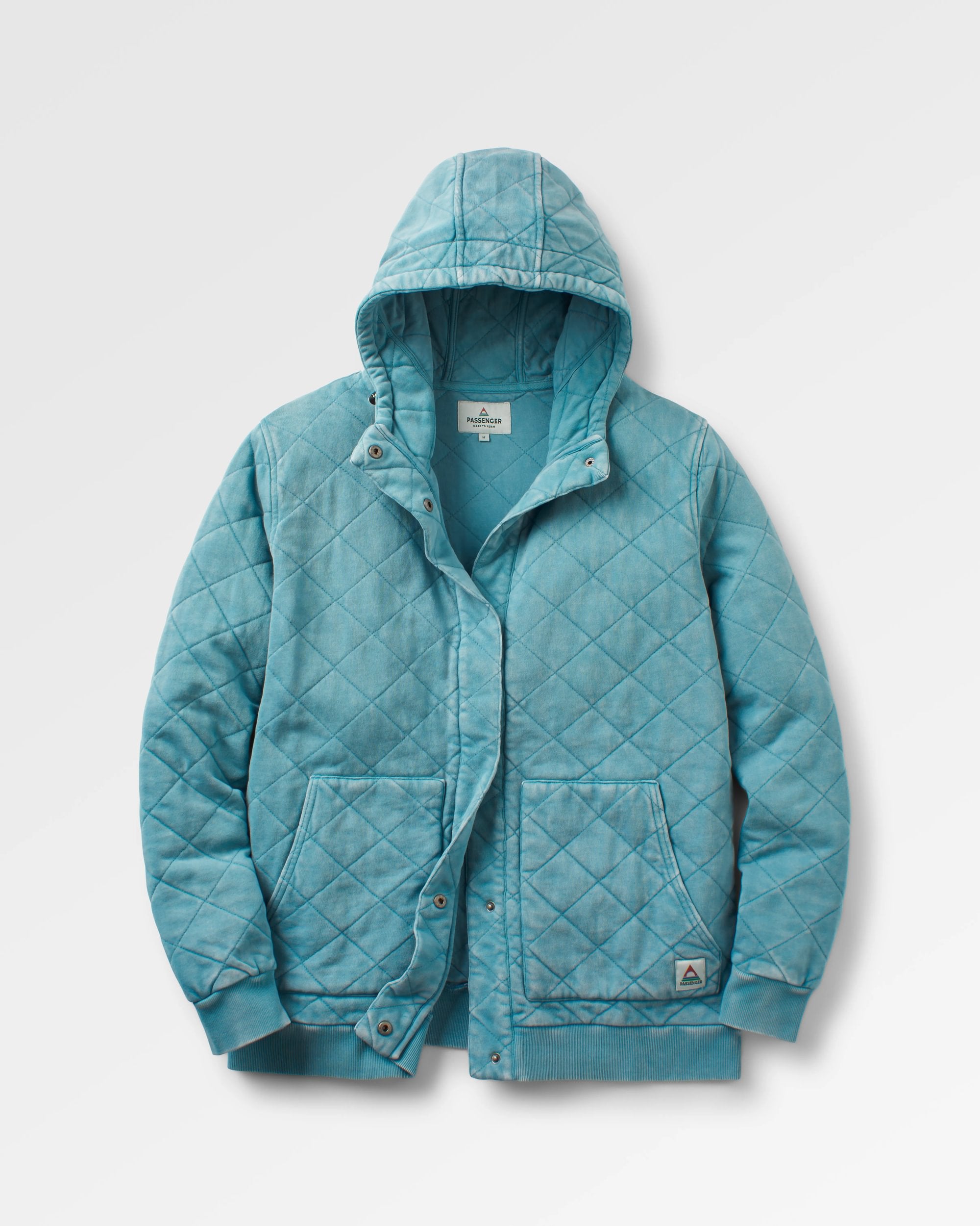 Clementine Recycled Quilted Popper Up Hoodie - Blue Pool - Flatlay