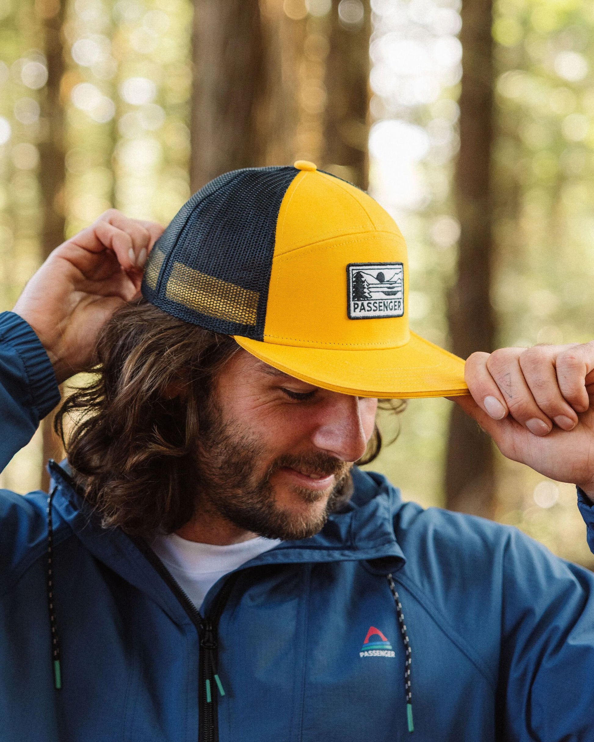 MensRoamer 7 Panel Organic Cotton Trucker Cap - Spruce Yellow - Lifestyle