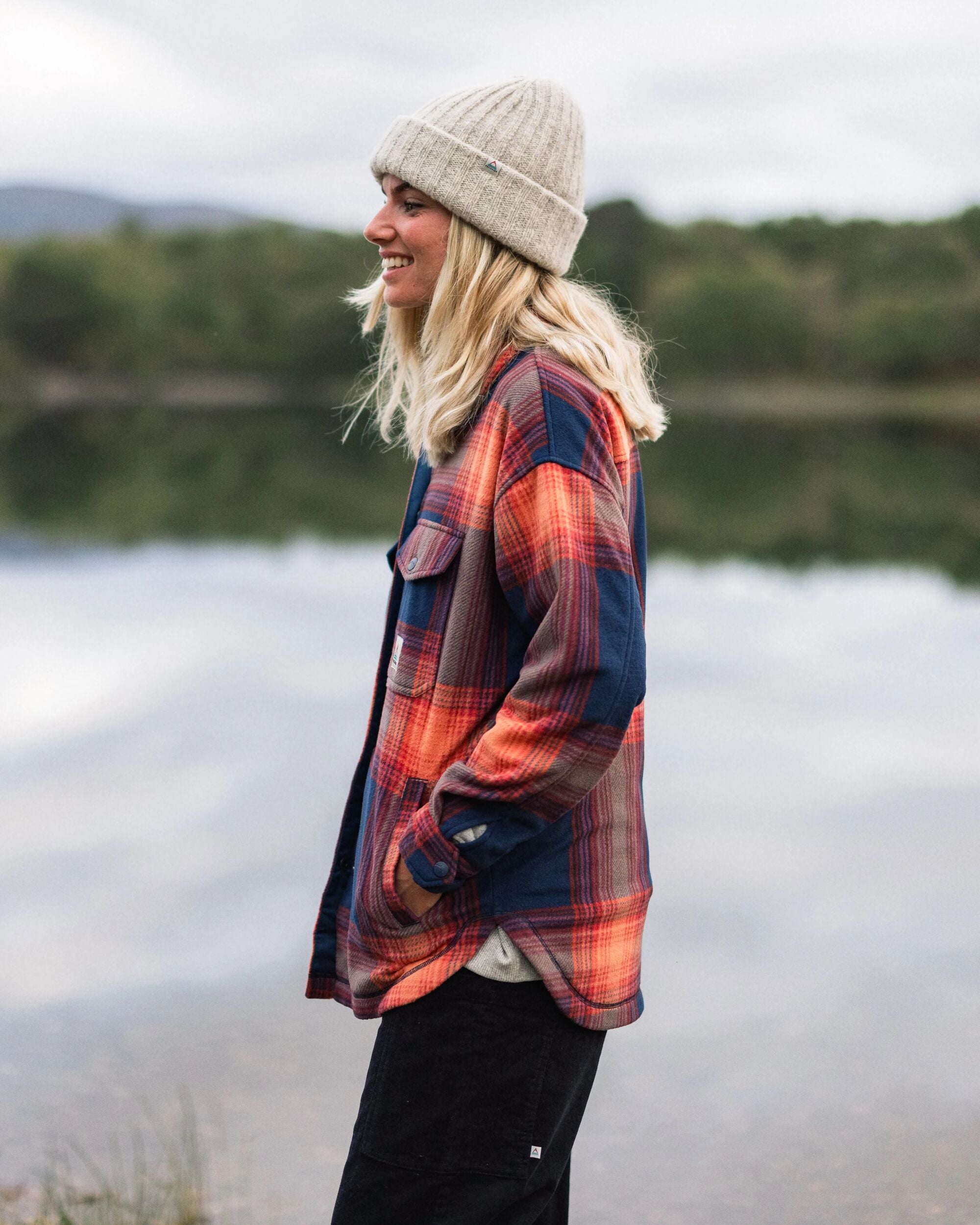 East Recycled Polar Fleece Shirt - Rich Navy/ Red Ochre Check - Lifestyle