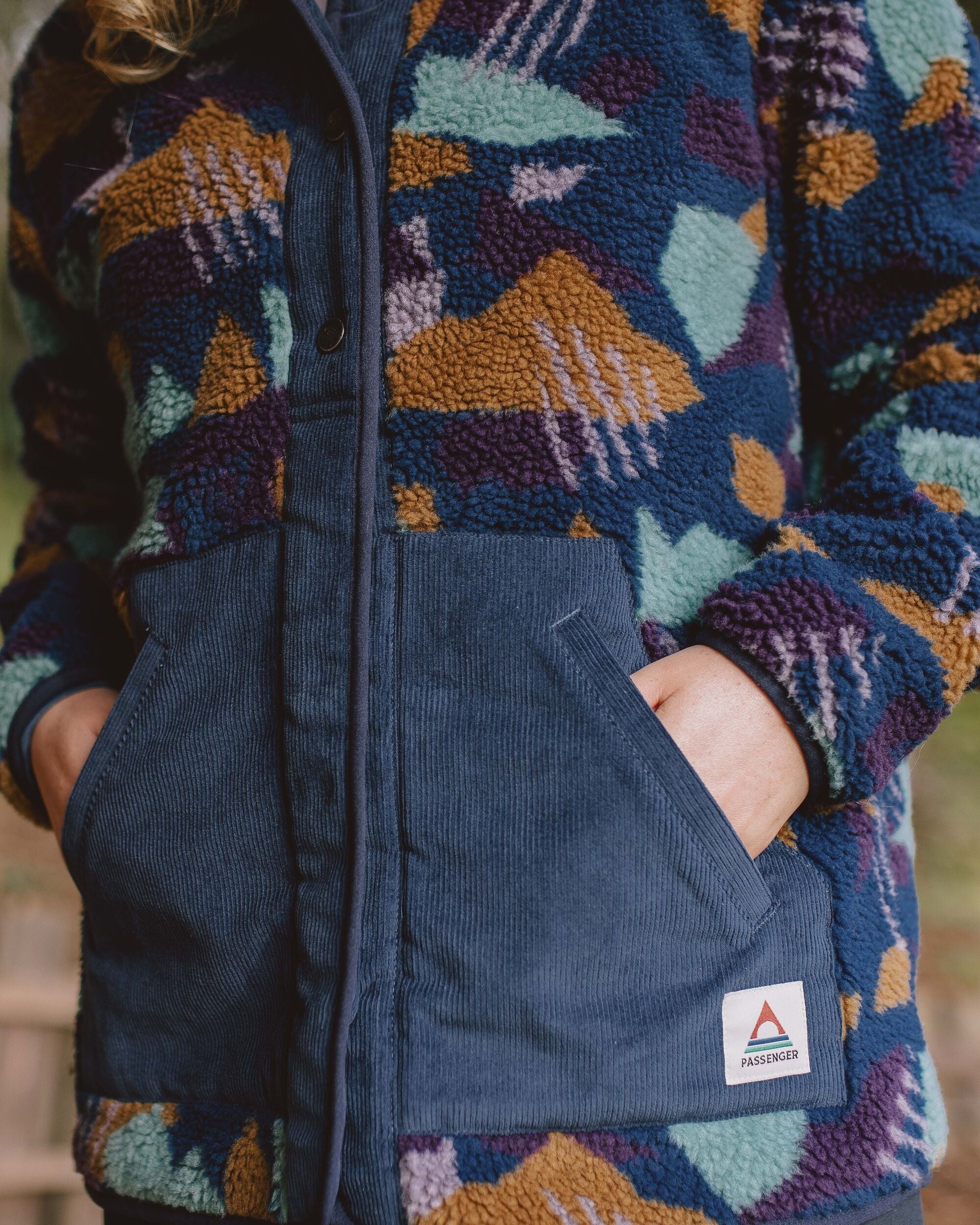 Clover Recycled Cotton-Lined Sherpa Fleece - Deep Blue Camo Pattern - Lifestyle