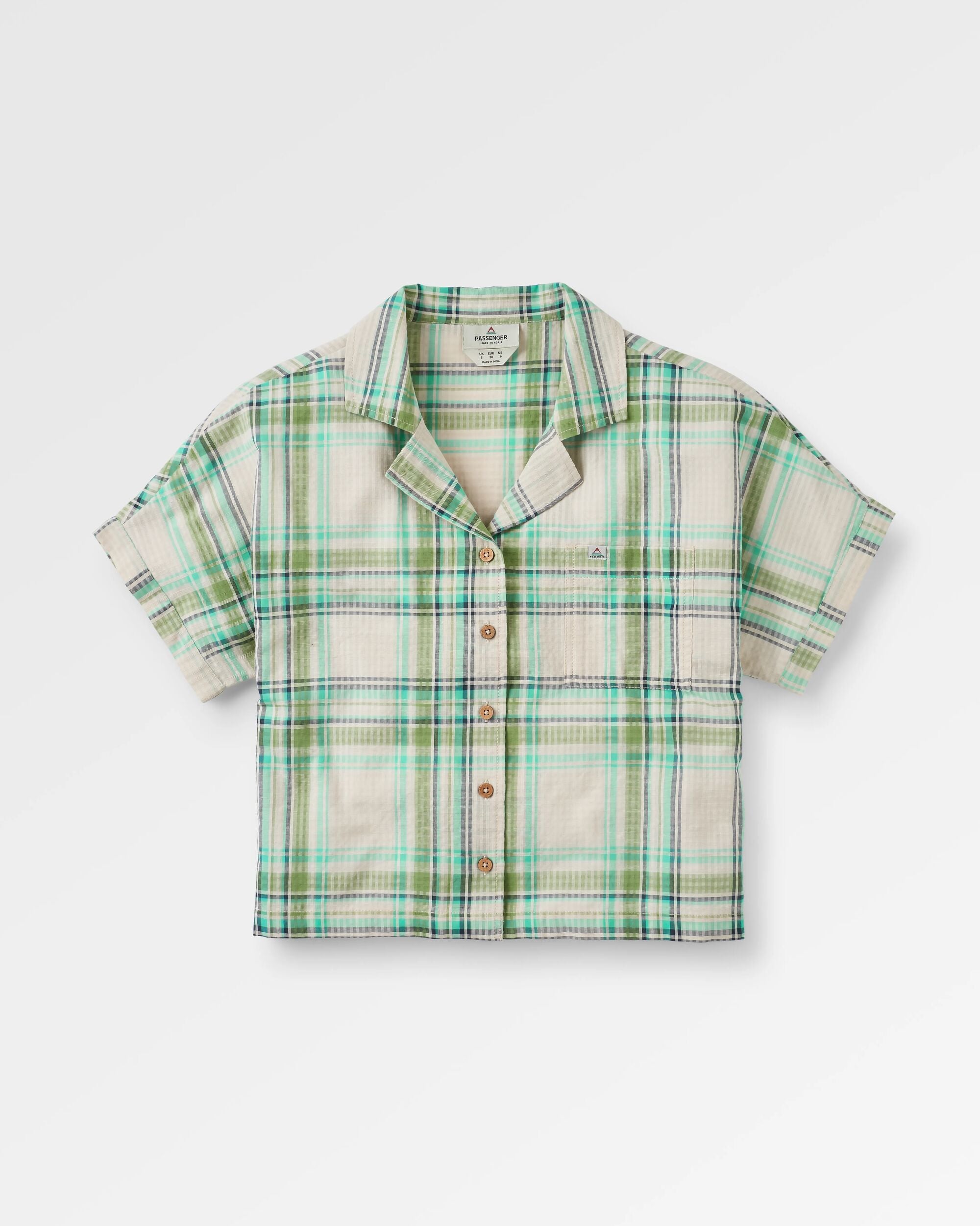 Arden Organic Cotton Short Sleeve Shirt - Vintage White/Stem Green Check - Flatlay