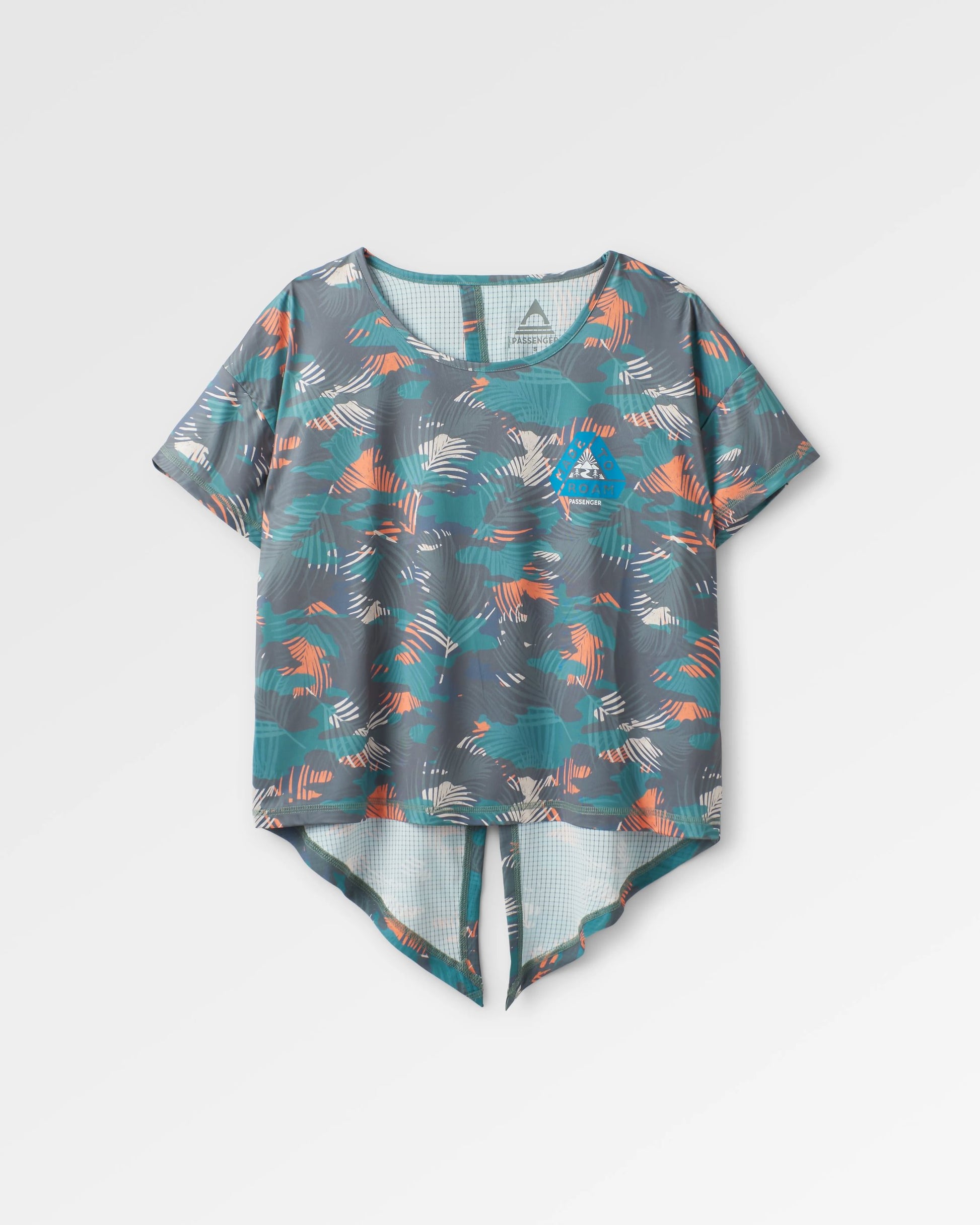 Chakra Tie Back Active Recycled T-Shirt - Palm Camo Deep Sea - Flatlay
