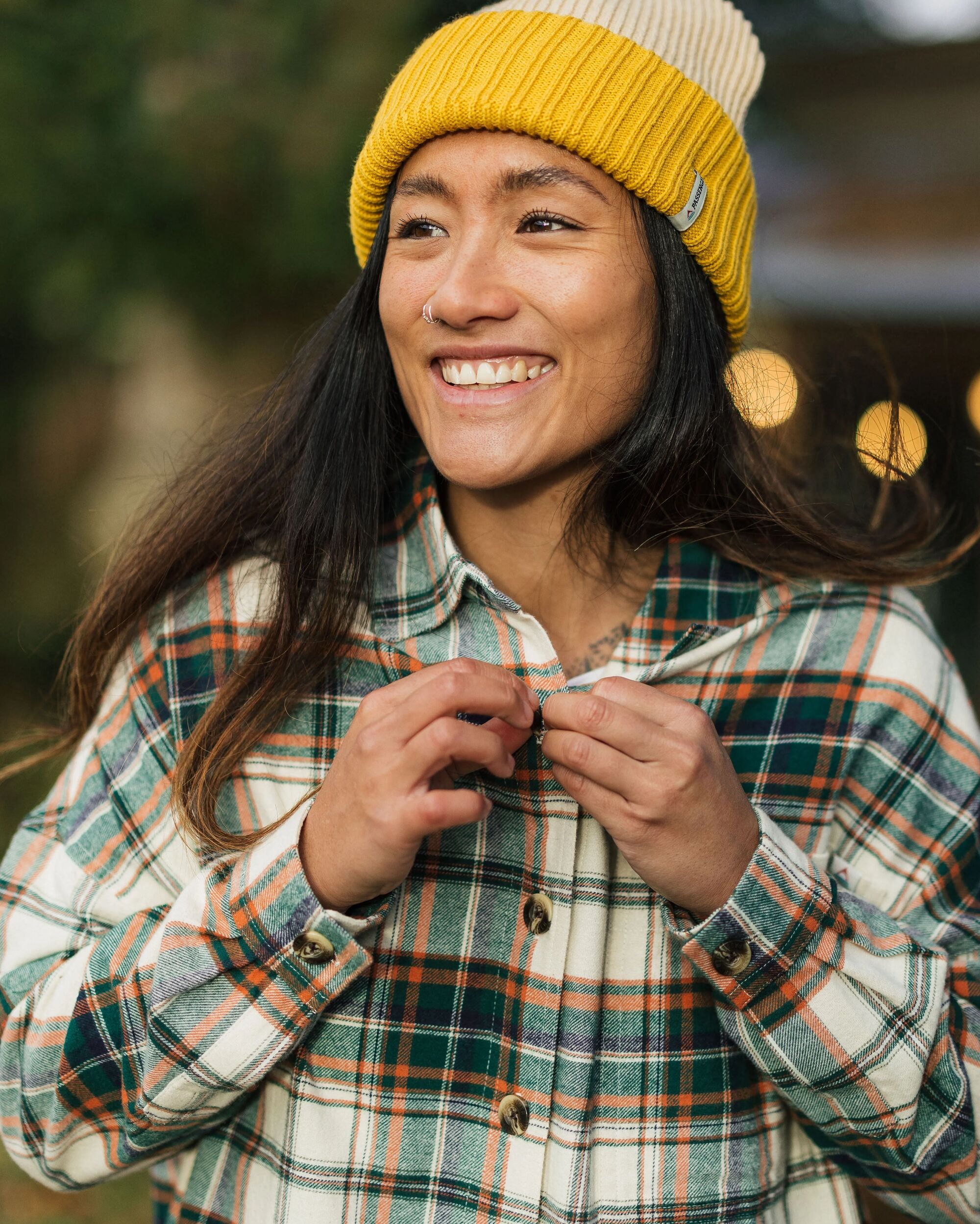 Rootsy Organic Cotton LS Shirt - Birch/Rain Forest Check - Lifestyle