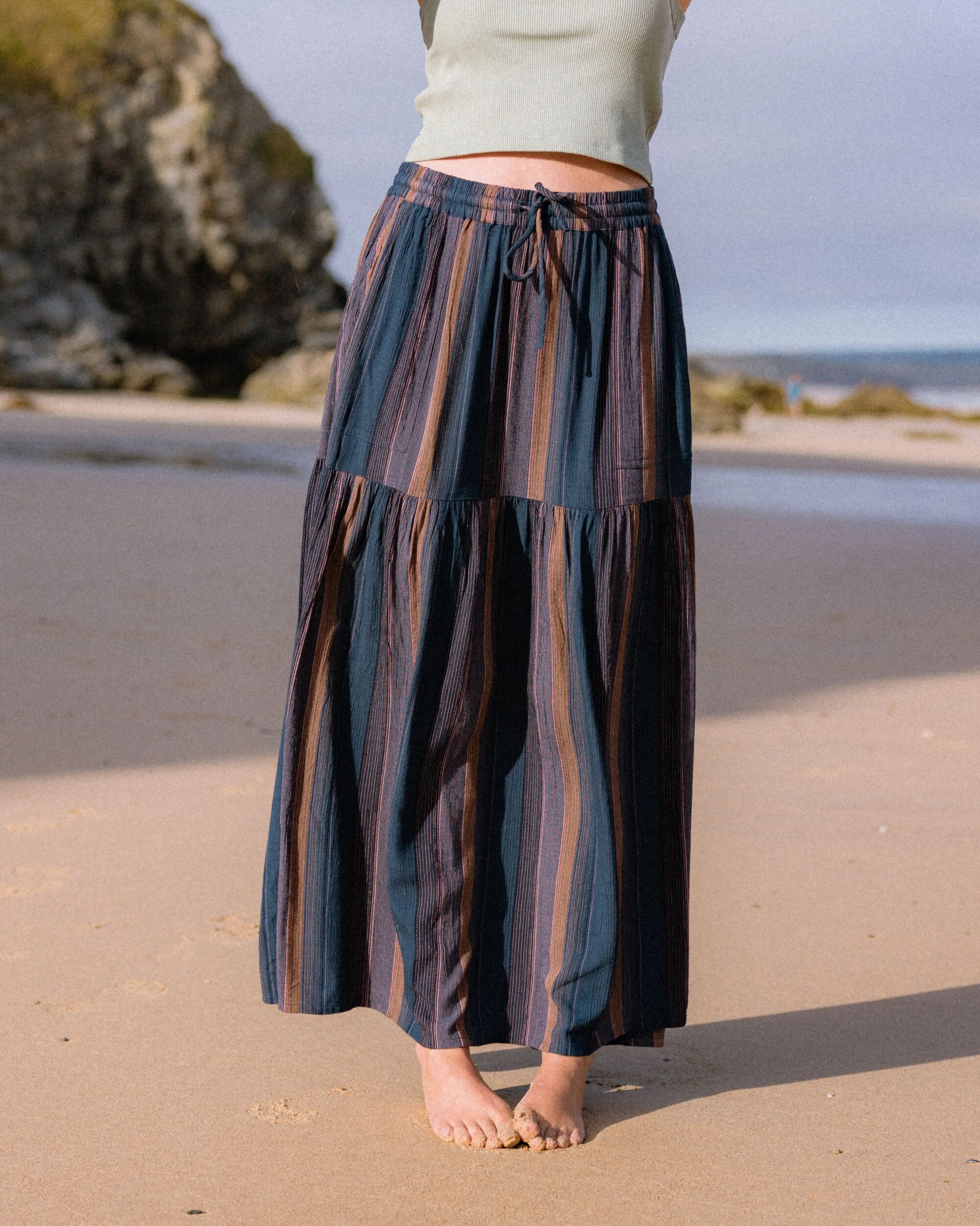 Zephyr Woven Maxi Skirt - Dark Denim Multi Stripe - Lifestyle