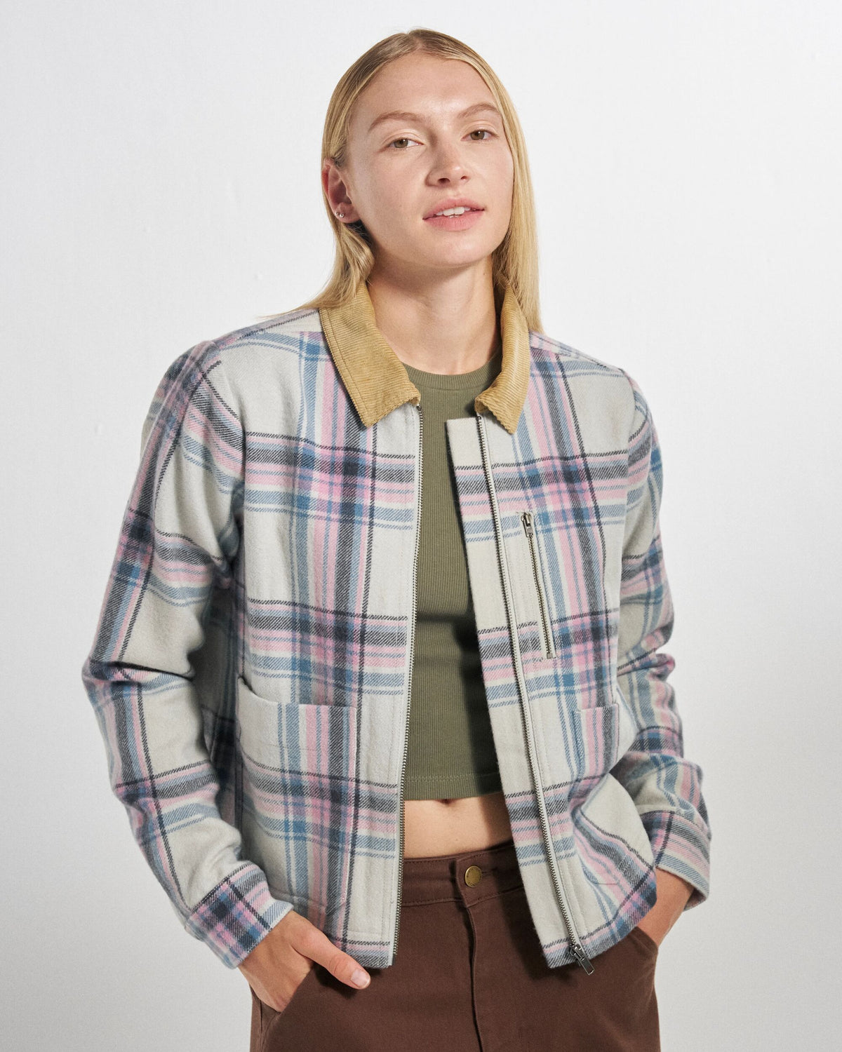 Bramble Overshirt - White Sand/Pink Haze Check - Studio Model