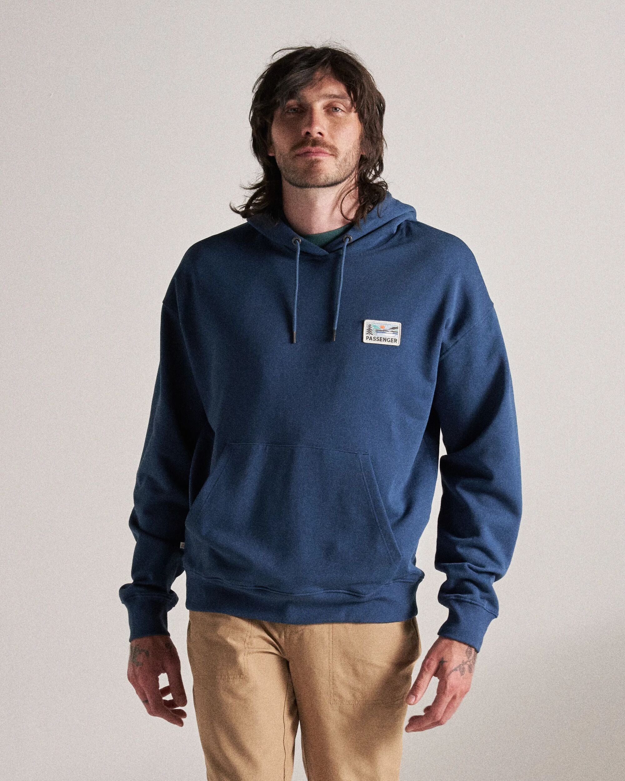 Roamer Patch Relaxed Fit Hoodie - Dark Denim - Studio Model