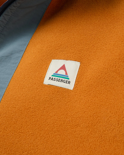 Woodland Hooded 1/2 Zip Recycled Polartec® Fleece - Retro Orange/Tidal Blue - Flatlay